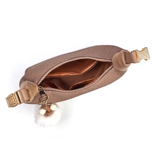 Internal view of the woven bag showing compartments, zipper pocket and plush ball charm