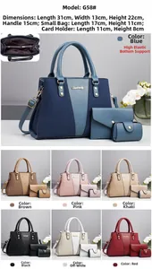 Three-piece tote bag set with crocodile texture patchwork and detailed size specifications