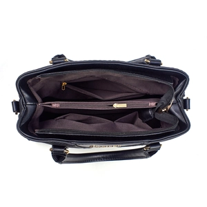 Top view of black crocodile pattern bag showing multiple internal storage compartments