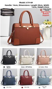 Detailed size chart for patchwork Boston bag showing 30x13x23cm dimensions and seven colors