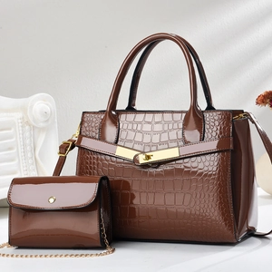 Dark brown large crocodile pattern tote bag and matching chain flap handbag set