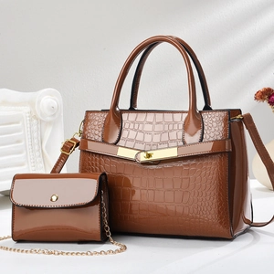 Detail of brown crocodile pattern handbag set with glossy finish and gold hardware