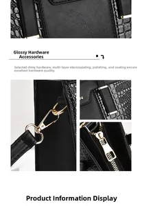 Detail der schwarzen Krokostruktur-Handtasche mit polierten goldenen Metallteilen