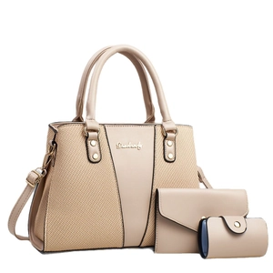 Three-piece beige faux leather handbag set with croc-textured panels and gold hardware