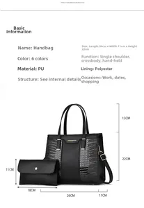 Detaillierte Größentabelle für schwarzes PU-Leder Handtaschen-Set mit 26x11x22cm Maßen