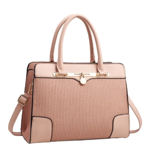 Pink PU leather tote bag with pleated texture and gold metal buckle on white background