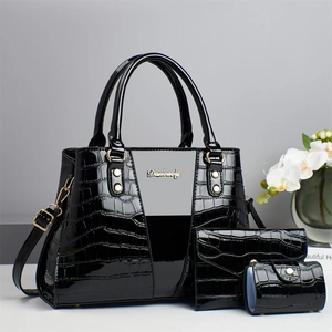 Luxury 3-piece set of crocodile pattern black patent leather tote bags with gold hardware