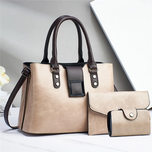 Three-piece champagne tote bag set with textured faux leather and dark brown handles