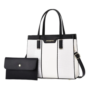 Lizard pattern black and white contrast tote bag set with matching clutch handbag