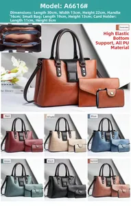 Detailed size chart for the three-piece PU leather handbag set with dimensions and colors