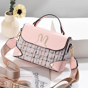 Pink PU leather and tweed crossbody bag with rabbit ear embroidery and jacquard strap