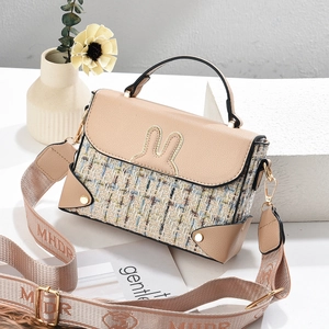 Women's chic beige tweed crossbody bag with rabbit ear design and metal handle