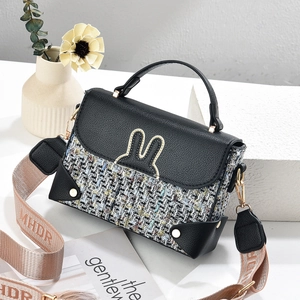 Women Crossbody Bag PU Leather Tweed Woven Contrast Rabbit Ear Metal Decor Wide Strap Square Handbag Fashion Daily