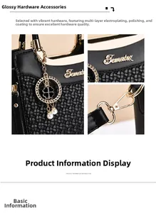 Close-up of golden hardware and pearl clover charm on black woven texture handbag