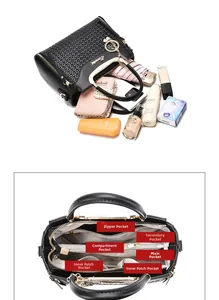 Cross-woven textured black handbag with multi-compartment interior for large capacity