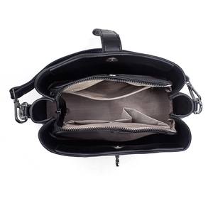 Top view of striped bucket bag with three compartments and herringbone fabric lining