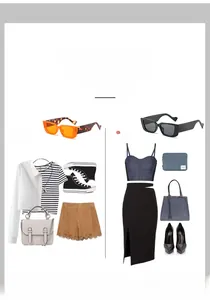 Detail of frameless metal sunglasses in orange tint and classic black square frames