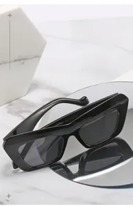 Detail view of black cat eye sunglasses showing temple model number and CE mark