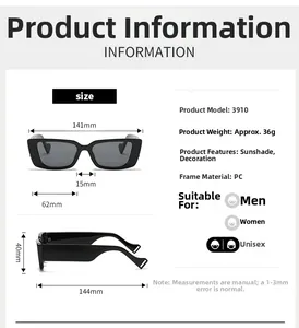 Detailed size specifications for rimless rectangular sunglasses with PC frame and dimensions