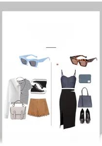 Cat eye sunglasses in light blue and tortoise shell styled with trendy fashion outfits