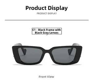 Front view of trendy rimless rectangular sunglasses with sleek black frame and grey lenses