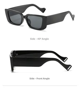 Detailed side profile and 45-degree angle view of rimless rectangular metal sunglasses