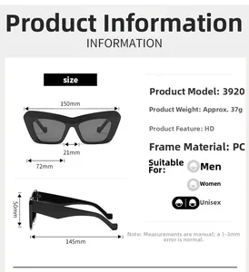 Detailed sizing chart and specifications for trendy cat-eye PC frame sunglasses