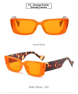 Detail view showing orange frame sunglasses from front and 45-degree side angles