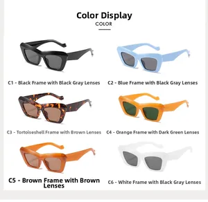 Detailed grid view showing six stylish cat-eye sunglasses colors including black and tortoise