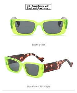 Detail view of rimless rectangle sunglasses with green frames and leopard print temples