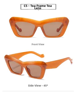 Detailed views of tea brown cat-eye sunglasses showing front and side angles