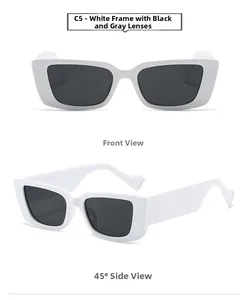 Front and side view of trendy rimless rectangular sunglasses with white frames