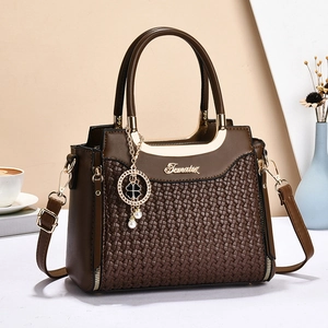 Women Woven Texture PU Leather Handbag Large Capacity Crossbody Shoulder Bag With Gold Metal Handle And Clover Pendant
