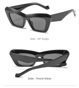 Detail view of wide-temple cat eye sunglasses in black with 45-degree side profile shots