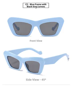 Macro view of blue cat eye sunglasses with grey lenses in front and side perspectives