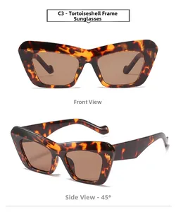 Detailed front and side views of tortoiseshell cat eye sunglasses with brown lenses