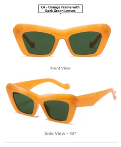 Front and 45-degree angle view of bold orange cat-eye sunglasses with dark green lenses