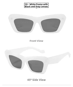Detail view of white cat-eye sunglasses with dark grey lenses in front and side views