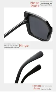 Détails de lunettes de soleil carrées montrant les plaquettes, charnières et branches