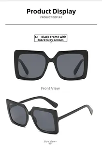 Détail de lunettes de soleil carrées surdimensionnées avec monture noire et verres gris
