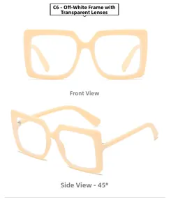 Vue détaillée d'une monture carrée beige avec verres transparents et branches larges