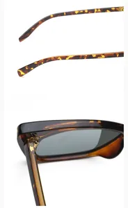 Close-up of tortoiseshell acetate sunglasses with durable metal hinges and leg details