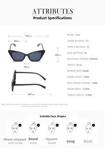 Detailed technical diagram of cat eye sunglasses showing PC frame dimensions and weight