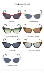 Detailed color palette of 9104 cat eye sunglasses in seven stylish frame options