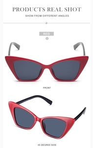 Front and side view of chic red cat eye sunglasses with thick frames and dark lenses