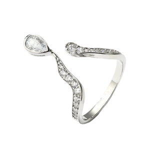 Silver snake-shaped adjustable ring with wave design and teardrop crystal stone