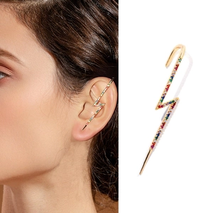 Gold lightning ear cuff with multicolor rainbow zircons for a wrap-around style