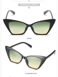 Front and 45-degree side views of black cat-eye sunglasses with gradient green lenses