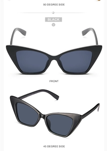 Three perspectives of black cat eye sunglasses showing front and side angled profile views