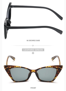 Detail view of Leopard Green cat eye sunglasses with grey lenses and a 90-degree side profile
